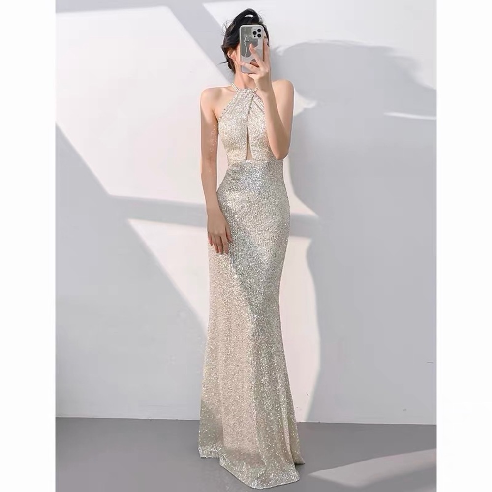 Elegant Silver Halter Evening Gown